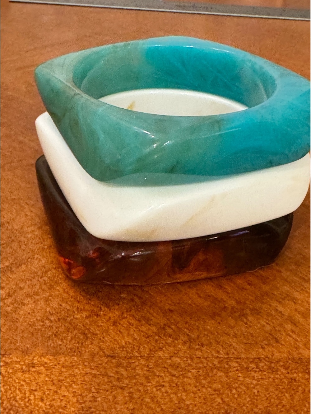 Set of 3 Vintage Square Resin Bangle Bracelets in Turquoise, White, and Amber